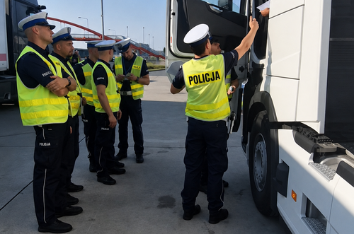 Na zdjęciu są widoczni słuchacze Szkoły Policji Ruchu Drogowego w Sieradzu, którzy w ramach zajęć praktycznych przeprowadzają kontrolę pojazdu ciężarowego przewożącego żywe zwierzęta.