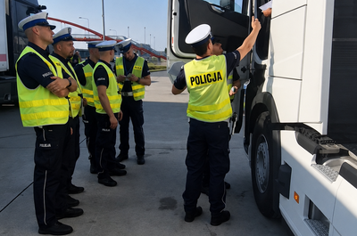 Na zdjęciu są widoczni słuchacze Szkoły Policji Ruchu Drogowego w Sieradzu, którzy w ramach zajęć praktycznych przeprowadzają kontrolę pojazdu ciężarowego przewożącego żywe zwierzęta.