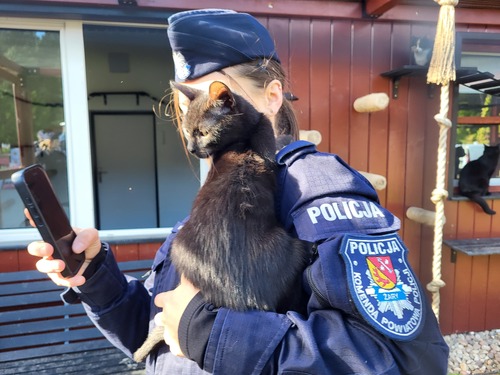 Na zdjęciu widoczni funkcjonariusze podczas akcji związanej z przekazaniem darów dla bezdomnych psów i kotów ze Schroniska Funny Pets w Czartkach